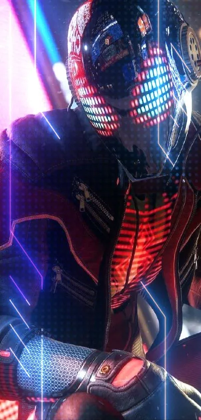 Futuristic cyberpunk figure with neon lights and urban style.