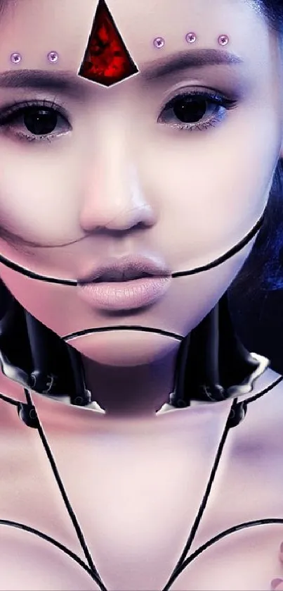 Futuristic cyberpunk wallpaper with humanoid cyborg in a dark setting.