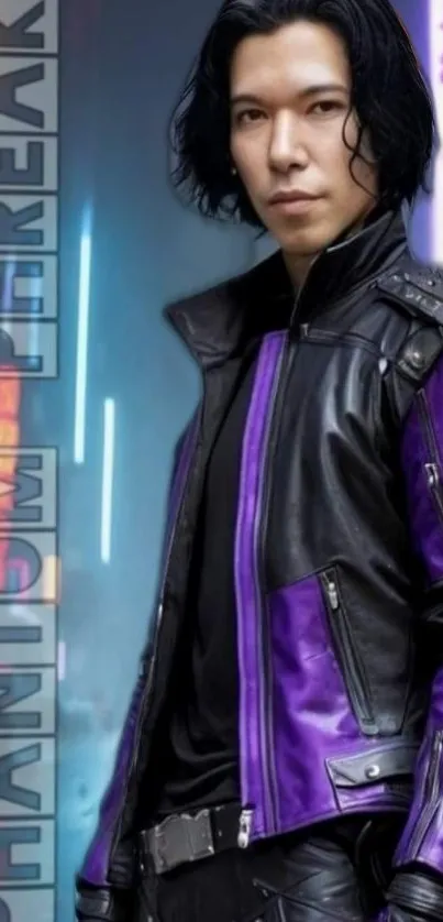 Futuristic character in purple and black, surrounded by neon lights.