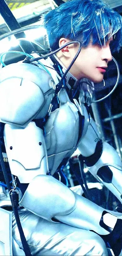 Futuristic warrior in high-tech, silver and blue suit, sitting in a dynamic pose.