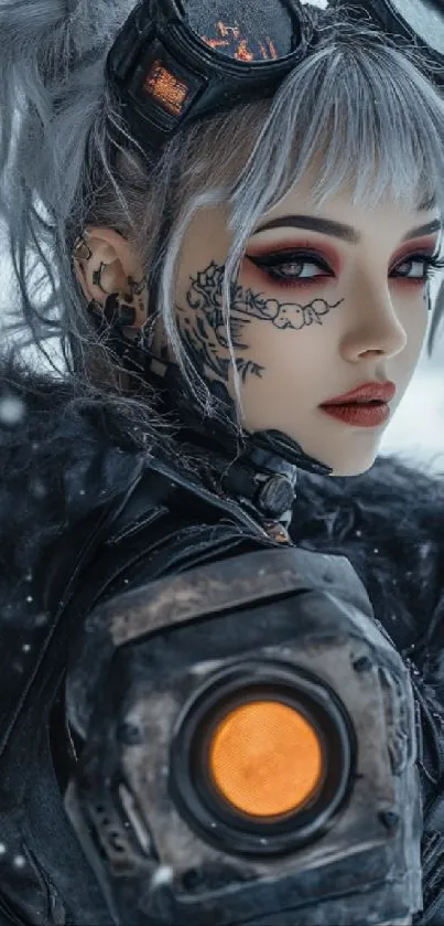 Futuristic cyberpunk warrior with vibrant makeup and snow.