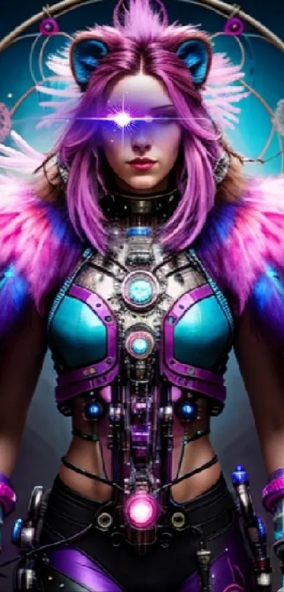 Cyberpunk warrior with neon colors and futuristic design, featuring purple hues.