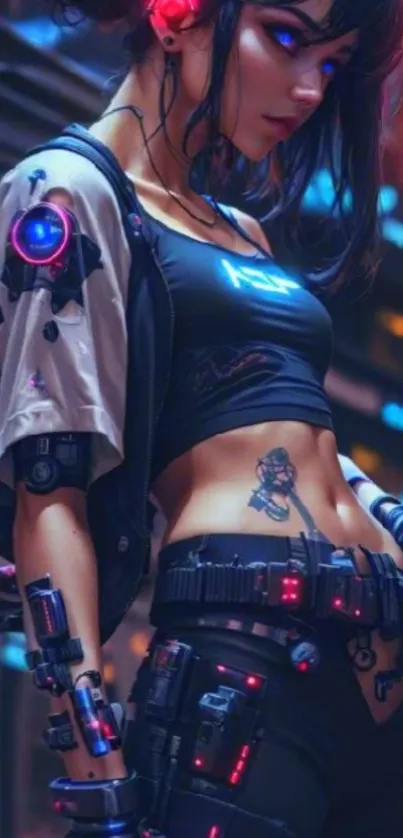 Cyberpunk warrior with neon accents and robotic design