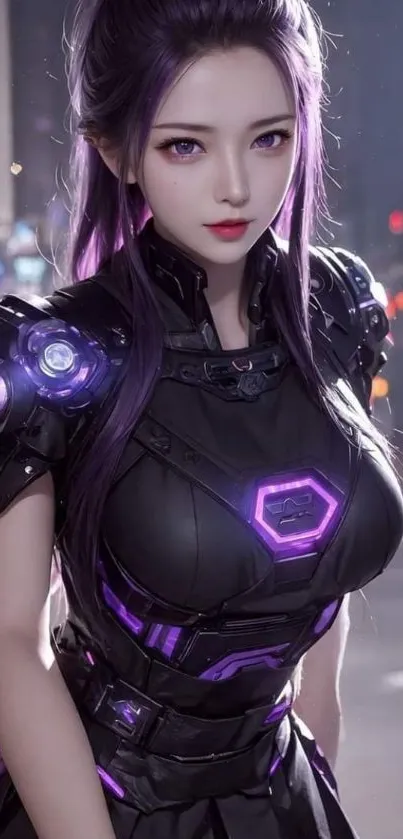 Futuristic warrior in cyberpunk city with purple armor.