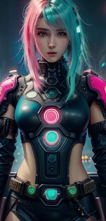 Futuristic cyberpunk warrior with neon hair and armor in vibrant city setting.