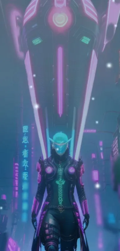 Futuristic cyberpunk warrior with neon lights in urban setting.