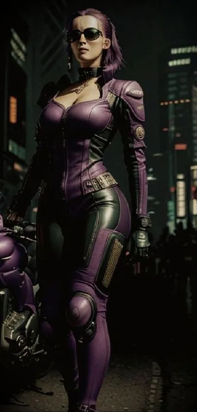 Futuristic cyberpunk warrior in purple gear in a neon cityscape.