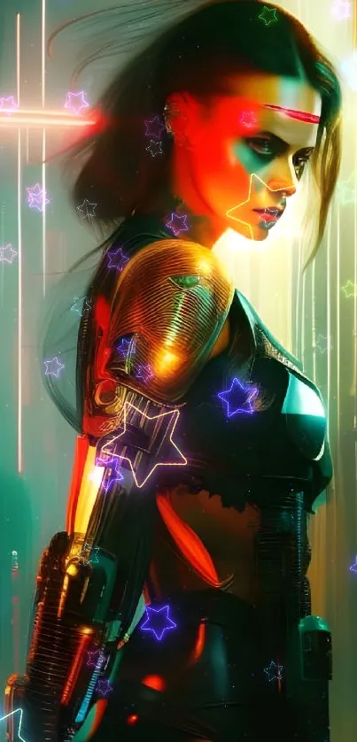 Futuristic cyberpunk warrior with vibrant neon colors in a sci-fi setting.