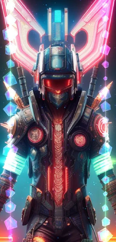 Futuristic cyberpunk warrior with neon lights in vibrant armor.