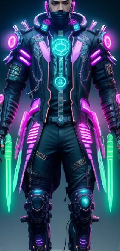 Futuristic cyberpunk neon warrior with glowing high-tech armor.