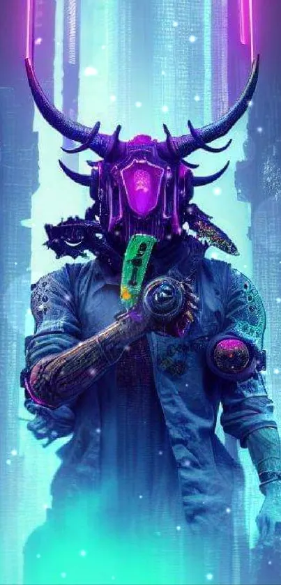 Futuristic warrior in neon cityscape with vibrant colors.