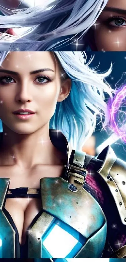 Futuristic warrior in neon-lit cityscape with metallic armor.