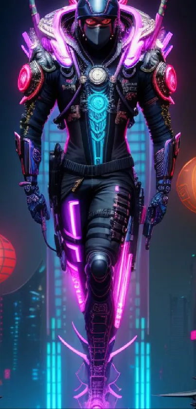 Futuristic cyberpunk warrior in neon armor with vibrant city backdrop.