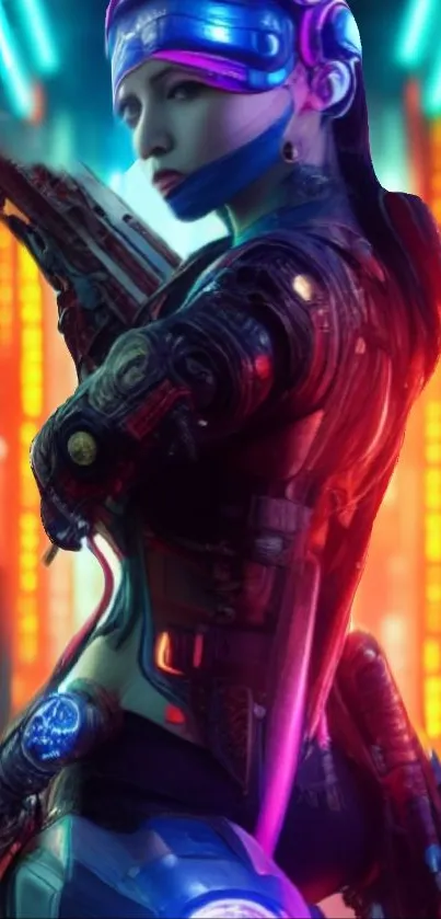 Futuristic cyberpunk warrior with neon lights in a vibrant cityscape background.