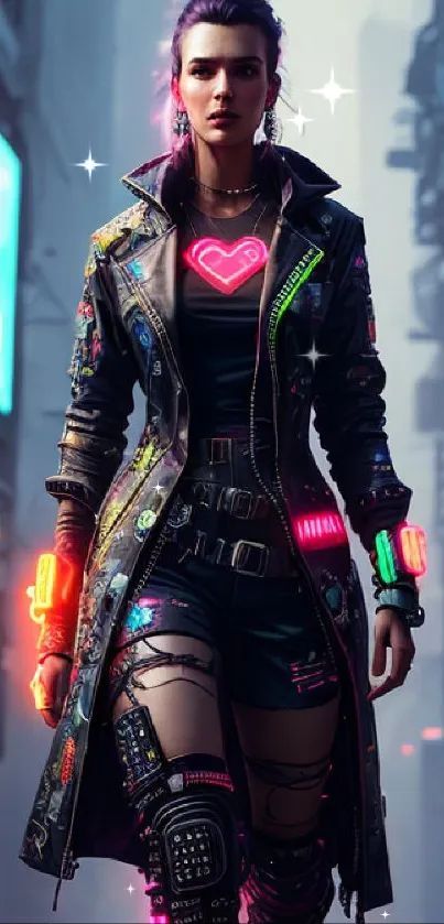 Futuristic warrior in neon-lit cyberpunk cityscape.