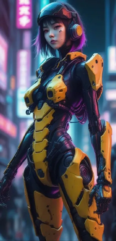 Futuristic cyberpunk warrior in neon cityscape.