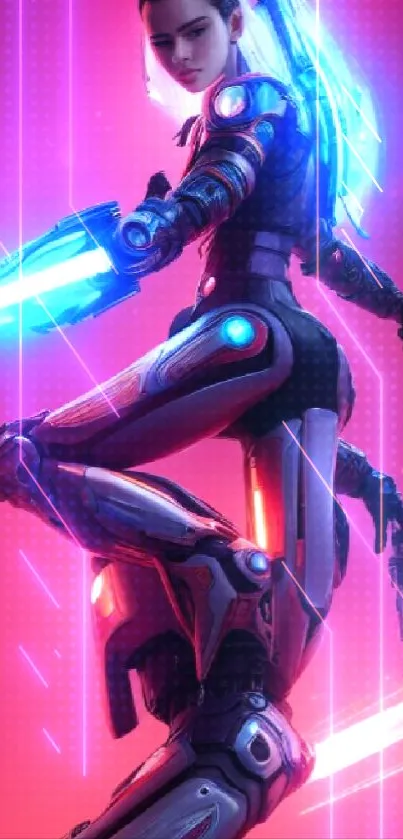 Futuristic cyberpunk warrior with neon lighting and advanced armor in vivid colors.