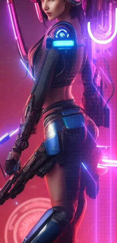 Cyberpunk warrior in neon colors with futuristic elements.