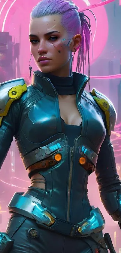 Futuristic warrior in neon-lit cyberpunk cityscape.