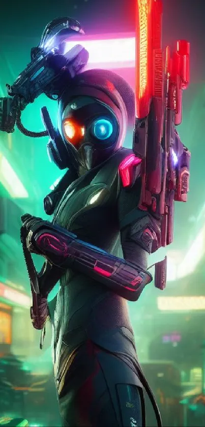 Futuristic cyberpunk warrior with neon lights in a vibrant cityscape.