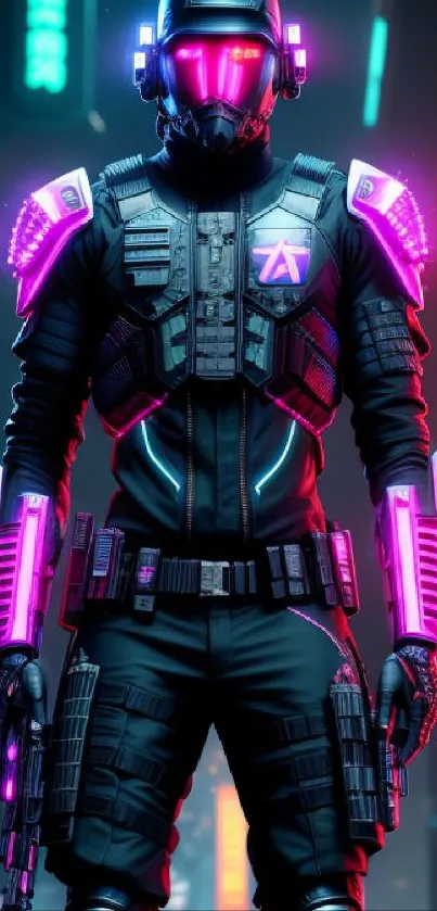 Futuristic warrior in neon cyberpunk cityscape.