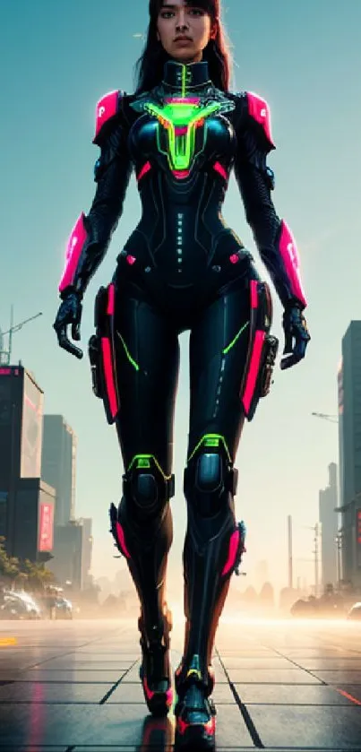 Futuristic cyberpunk warrior with neon accents in a cityscape.