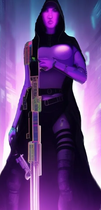 Futuristic cyberpunk warrior in neon hues on mobile wallpaper.