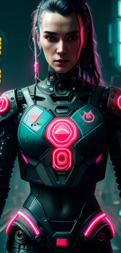 Futuristic warrior in neon-lit armor in cyberpunk setting.