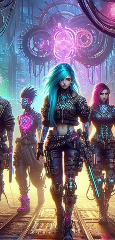 Futuristic cyberpunk warriors with neon hues in vibrant mobile wallpaper.