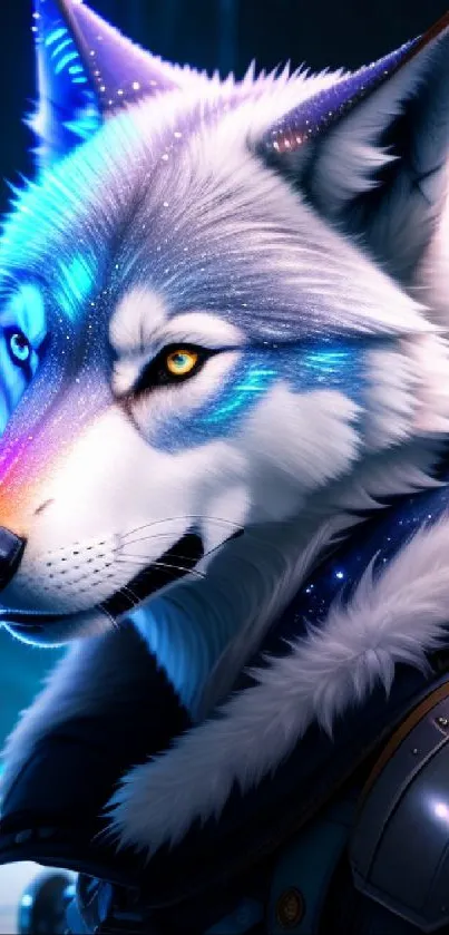 Futuristic cyberpunk wolf with neon blue accents.