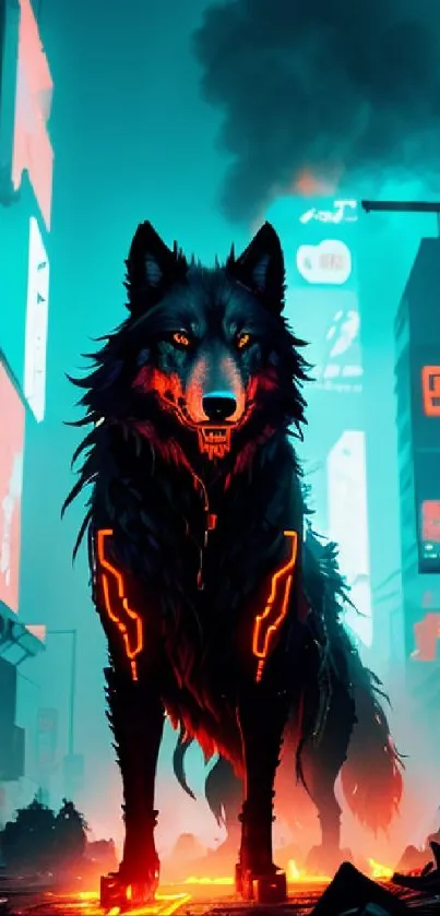 Cyberpunk wolf standing in neon-lit cityscape, vivid futuristic art.