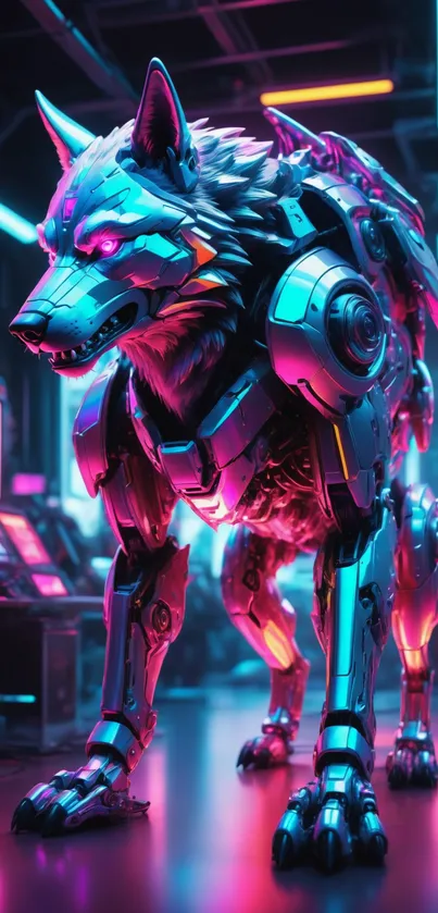 Cyberpunk robotic wolf with neon lights.