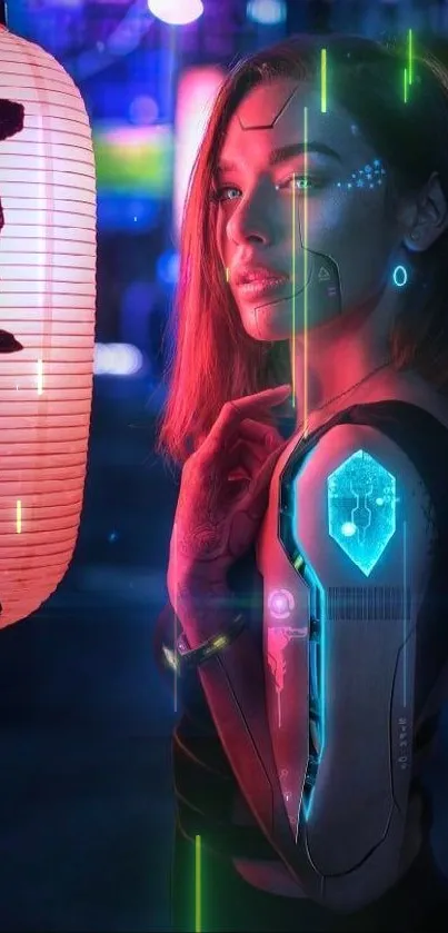 Futuristic woman in cyberpunk setting with neon lights.