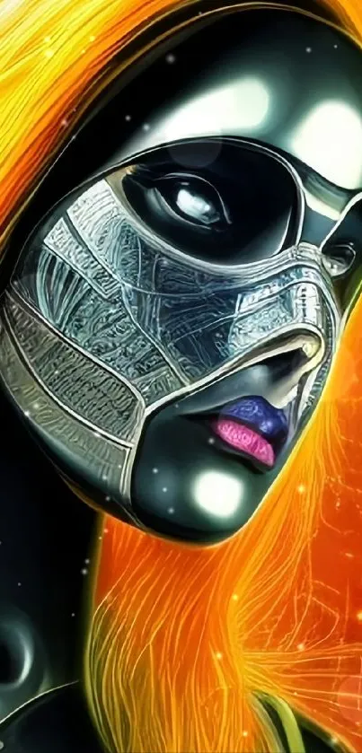 Futuristic cyberpunk woman with mask art on vibrant orange background.