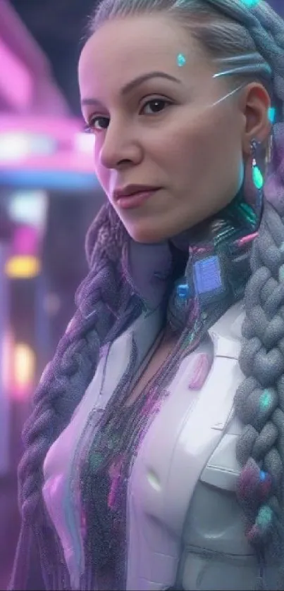 Futuristic woman with braided hair in a neon-lit cyberpunk setting.