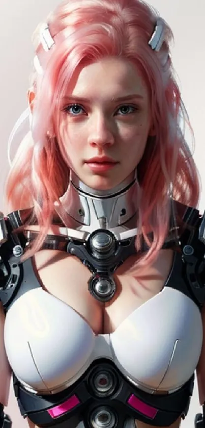 Futuristic cyberpunk woman with pink hair in robotic attire.