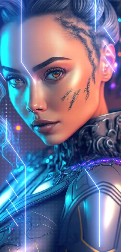 Futuristic cyberpunk woman with neon glow.