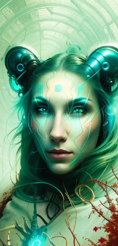 Abstract cyberpunk woman in digital art wallpaper with teal accents.