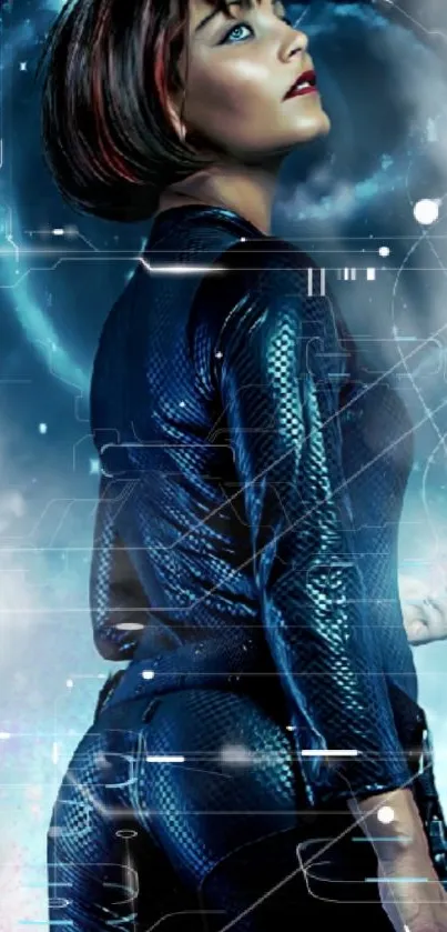 Futuristic cyberpunk woman with blue background.