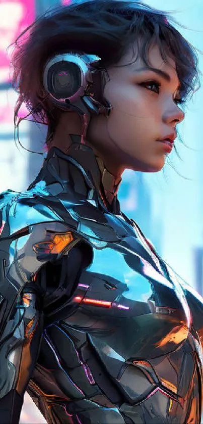 Futuristic woman in cyberpunk armor with vibrant cityscape.