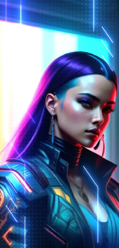Futuristic woman with neon lights in cyberpunk style.