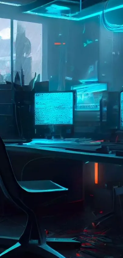 Cyberpunk workspace with neon blue lighting and futuristic tech setup.