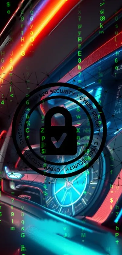 Futuristic neon cybersecurity wallpaper with blue hues and digital lock icon.