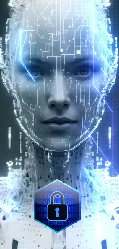 Futuristic digital human with lock symbol on blue glowing background.