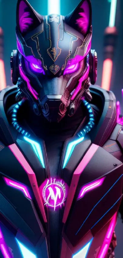 Futuristic cyberwolf in neon colors with intricate cybernetic details.