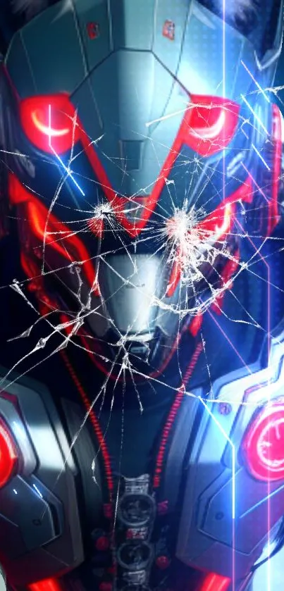 Futuristic cyberwolf with robotic elements and shattered glass effect.