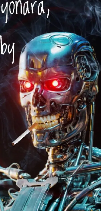 Cyborg with red eyes and cigarette, futuristic design.