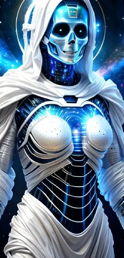 Futuristic cyborg angel with glowing blue lights on a celestial background.