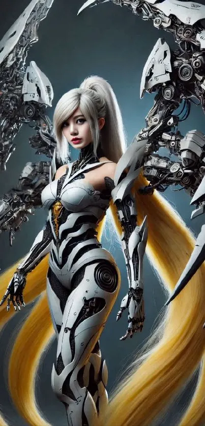 Futuristic cyborg angel with mechanical wings and long hair.