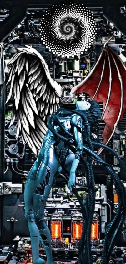 Cyborg angel with wings in a mechanical setting.